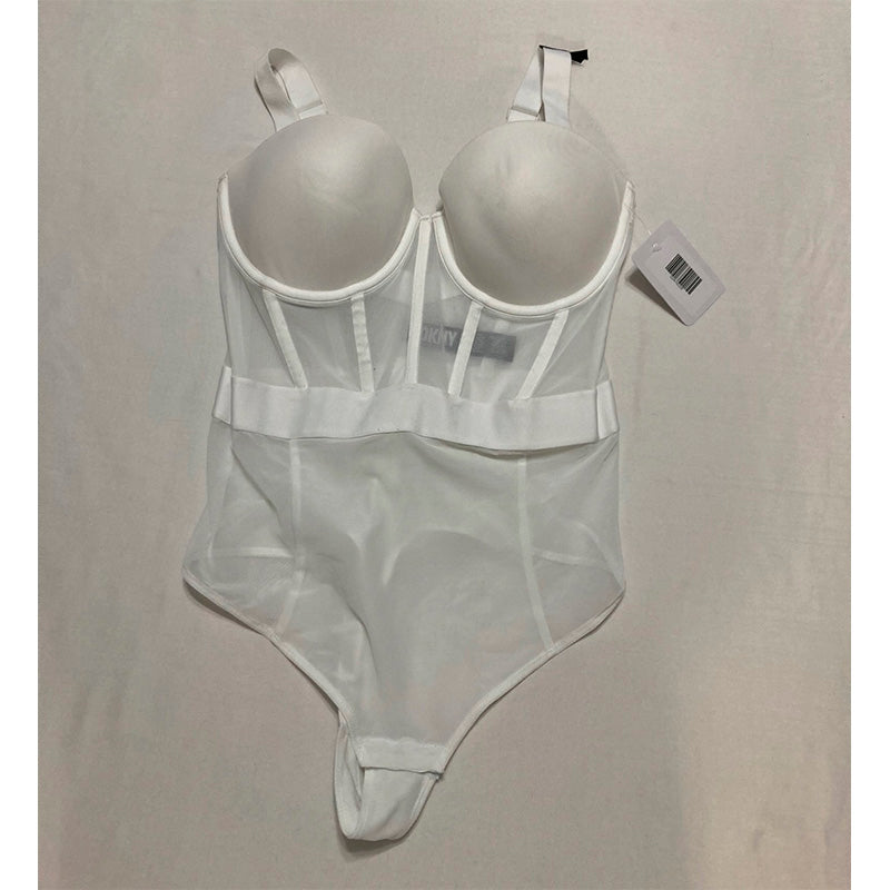 DKNY Sheers Strapless Mesh-Panel Thong Bodysuit White 34C