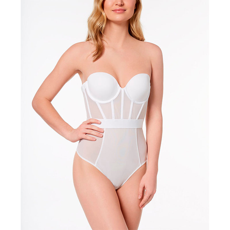 DKNY Sheers Strapless Mesh-Panel Thong Bodysuit White 34C