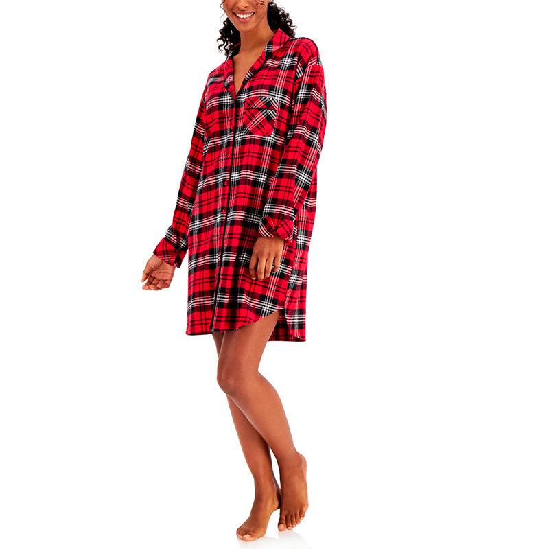 Charter Club Cotton Plaid Flannel Nightshirt Red L