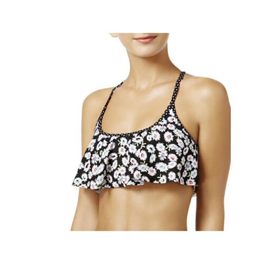 California Waves Daisy Print Racerback Swim Top Black Floral L