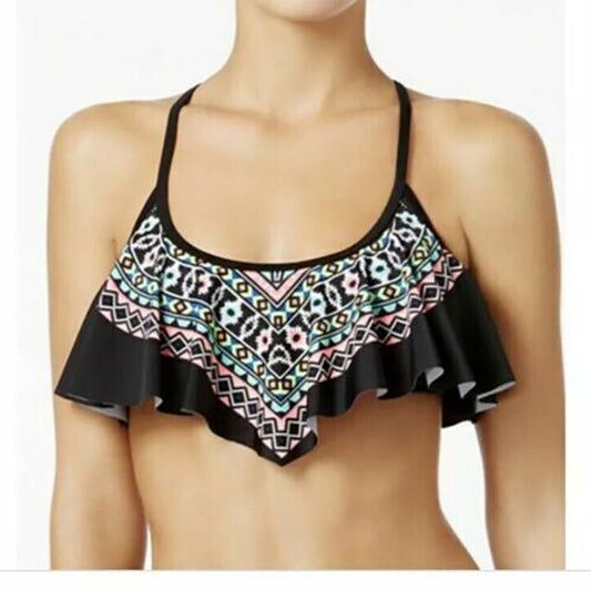 California Waves Tribal Print Flounce Bikini Top Black XS