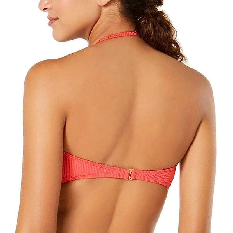 Hula Honey Shimmer Rib Lace-Up Bandeau Bikini Top Red XS
