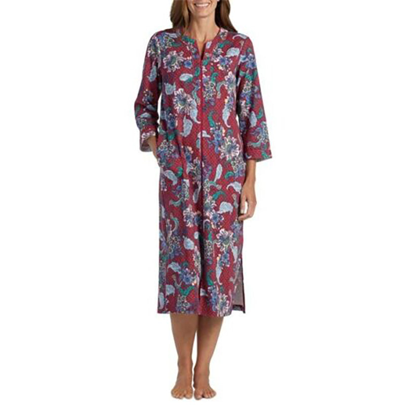 NWD Miss Elaine Cotton 3/4 Sleeve Printed Long Zip-Up Robe Multicolor S