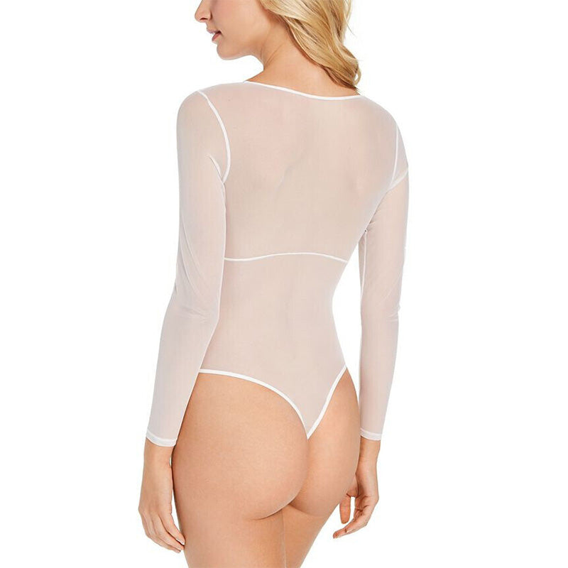INC International Concepts Long-Sleeve Lace Mesh Bodysuit White XL