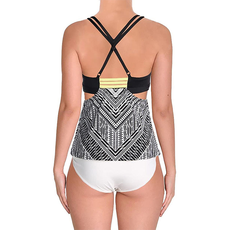 Jantzen Womens Crossing Paths Printed Layered Swim Top Separates Black/White  M