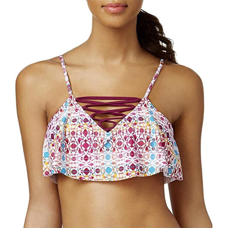 Hula Honey Womens Printed Ruffled Swim Top Separates Multicolor L