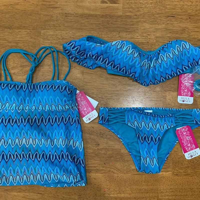 Hula Honey Junior's 3-piece Swim Bikini and Tankini Set Blue Crochet XS