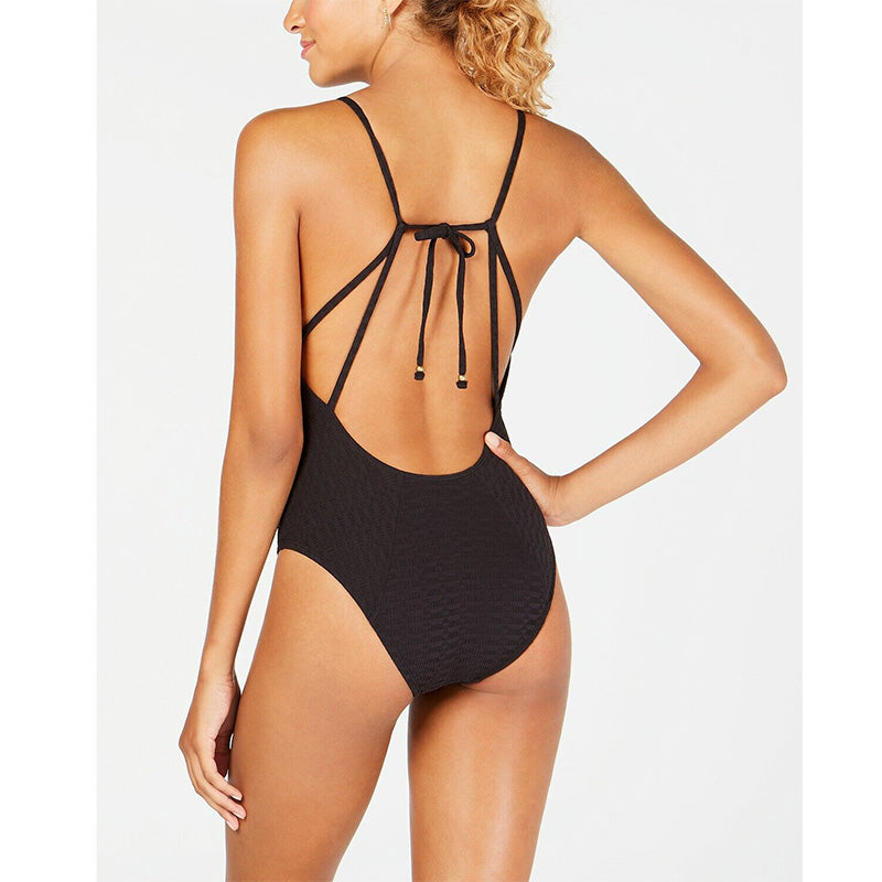 Lucky Brand Shoreline Chic Plunging One-Piece Swimsuit Black S