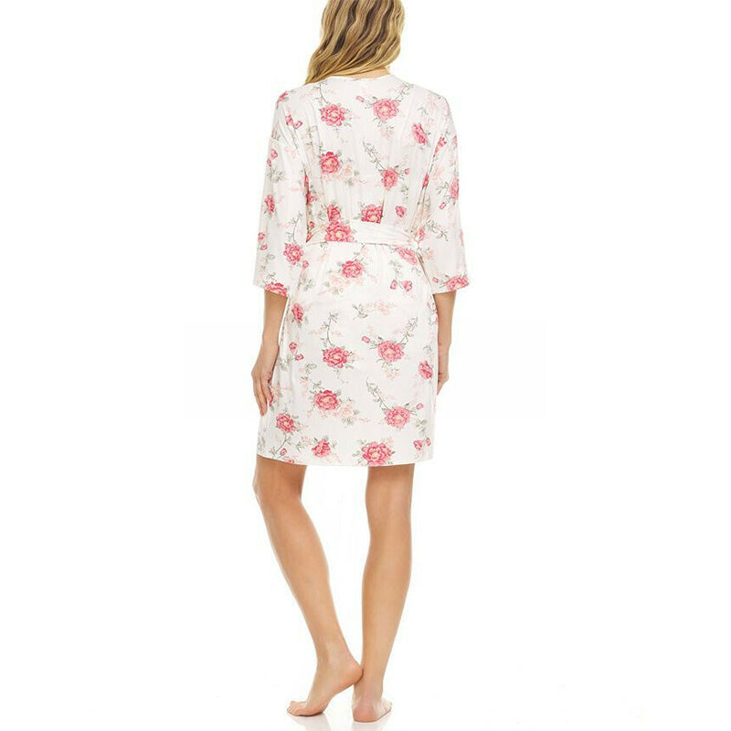 Flora Nikrooz Livia Ivory Wrap Robe Cami & Tap Shorts Travel Pajama Set Floral S