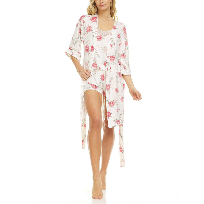 Flora Nikrooz Livia Ivory Wrap Robe Cami & Tap Shorts Travel Pajama Set Floral S
