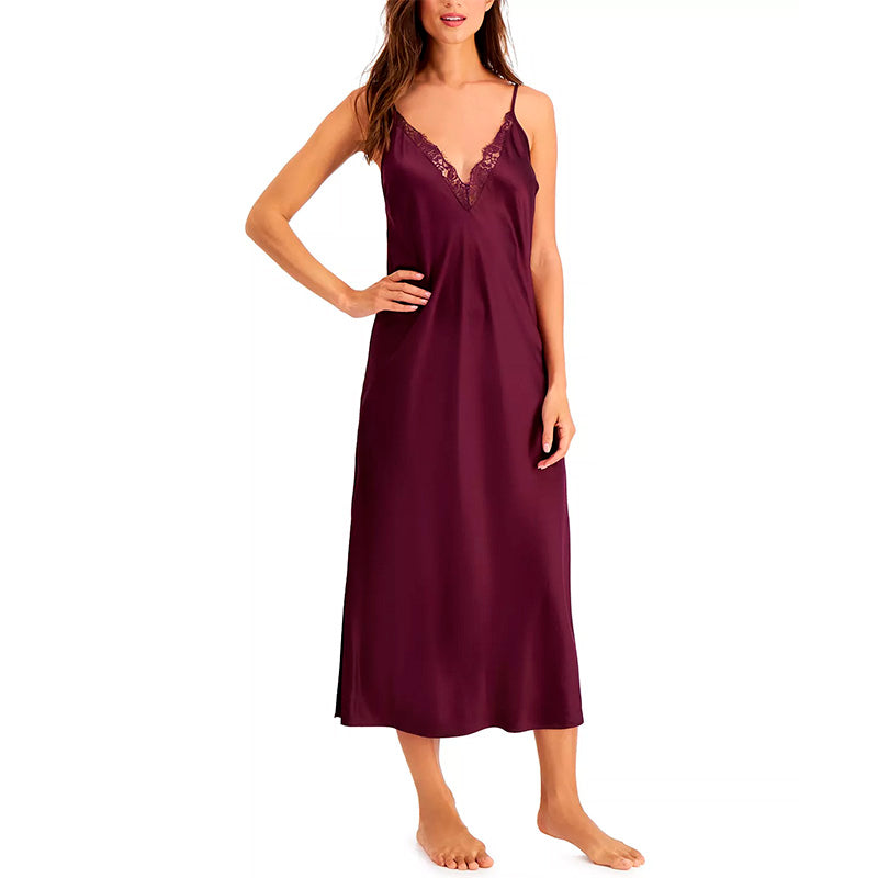 INC Lace-Trim Satin Long Chemise Nightgown Dark Merlot 2XL