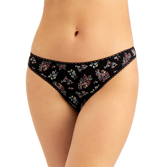 Charter Club Lace Trim Cotton Thong Black Floral S