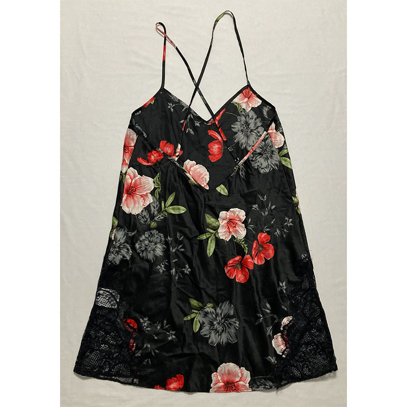 INC Lace-Trim Floral Chemise Nightgown Black XS