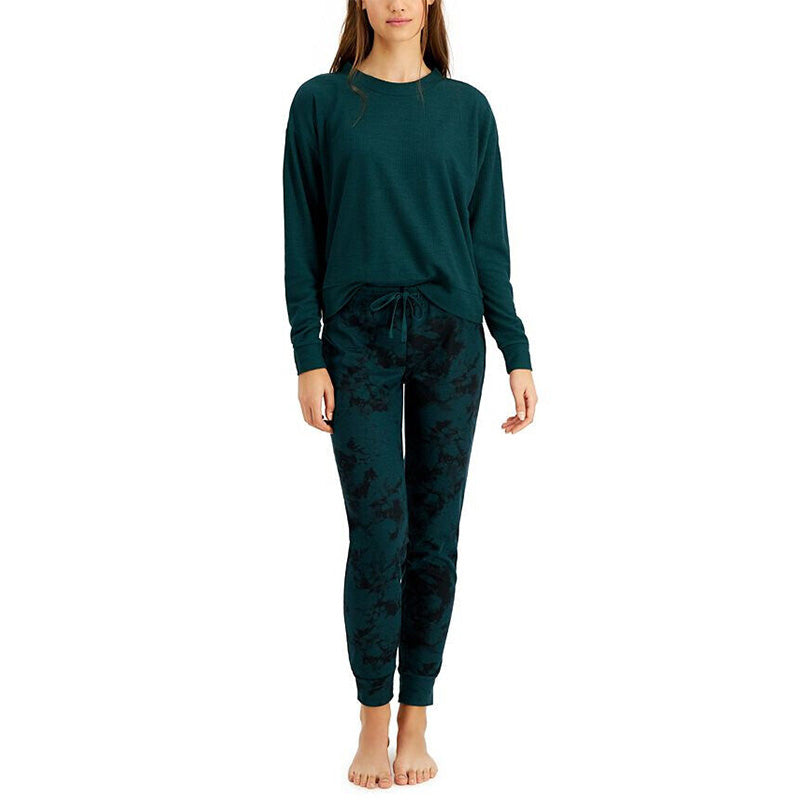 Jenni Long Sleeve Waffle Pajama Top and Jogger Set Green L