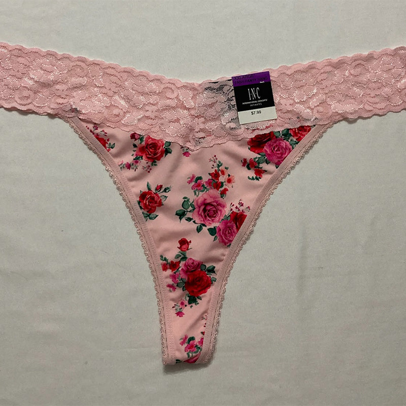 INC  Lace-Trim Thong Underwear Pink Flowers 2XL