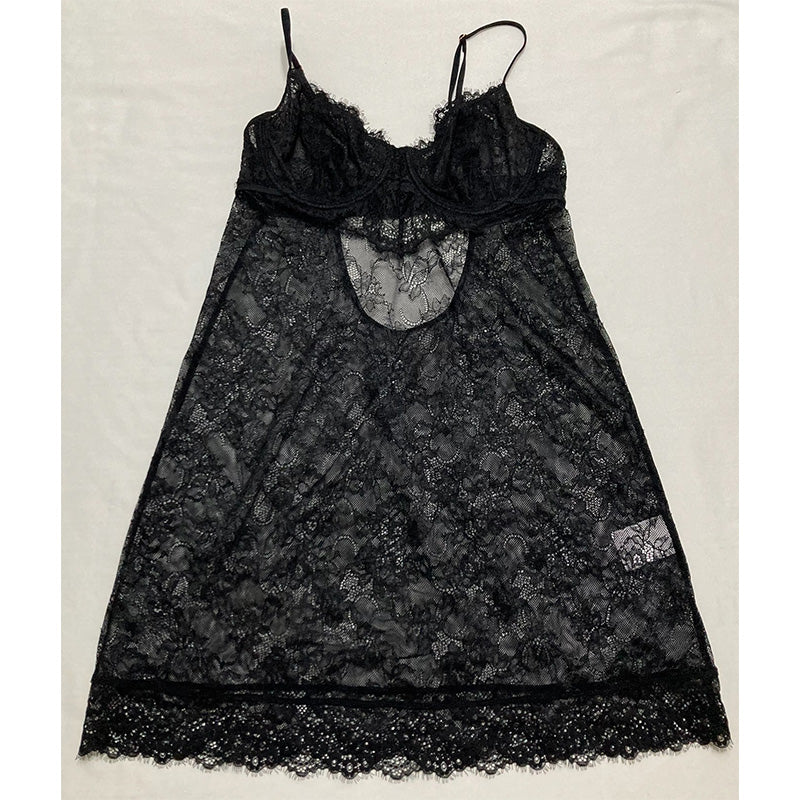 INC Lace & Chiffon Nightgown Lingerie Black S