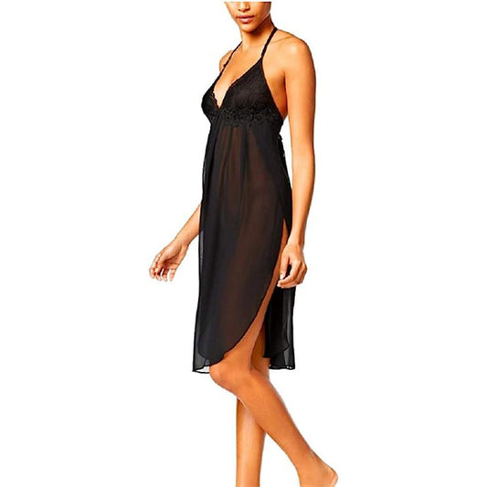 Linea Donatella Juliet Lace-Trimmed Chiffon Midi Nightgown Black L