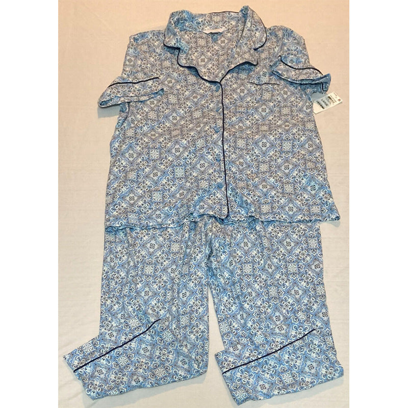 Charter Club Printed Notch Collar Pajama Set Blue L