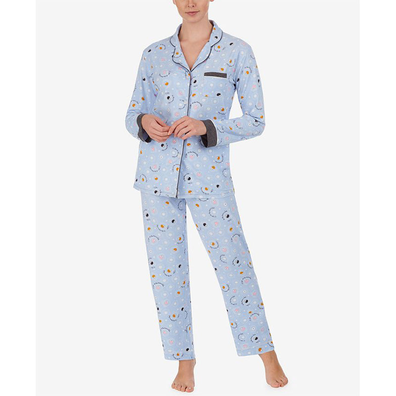 Cuddl Duds Printed Knit Notch Collar Pajama Set Blue L