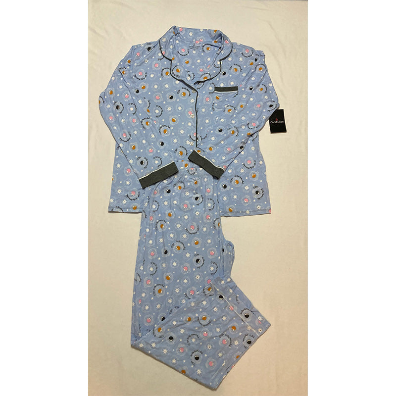 Cuddl Duds Printed Knit Notch Collar Pajama Set Blue L