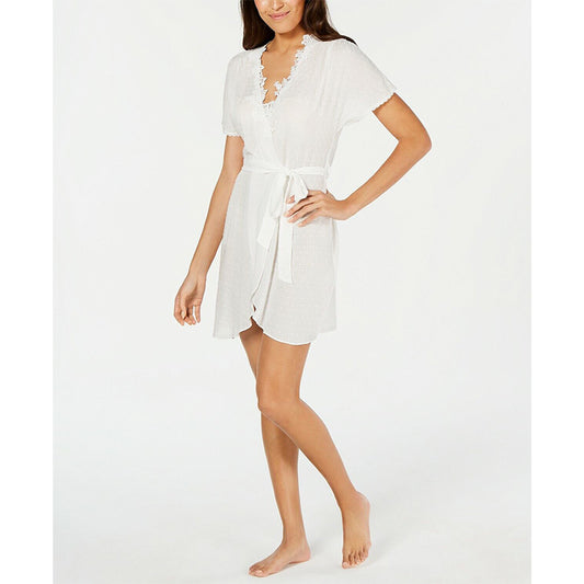 AS-IS Linea Donatella Lace Neckline Clip Dot Wrap Robe, White, S/M