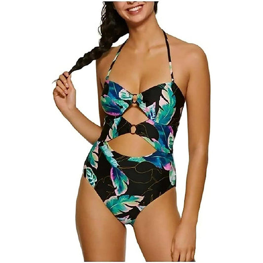 Hula Honey Twisted Palms Printed Cutout One Piece Swimsuit Black Multi S