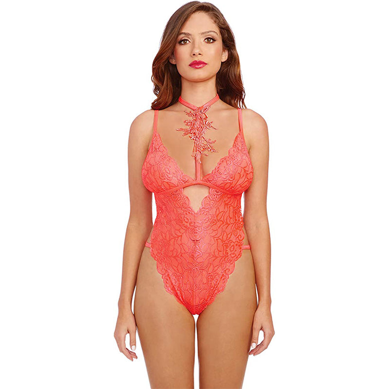 Dreamgirl Stretch Galloon Lace Choker Teddy with Venise Neckline Coral One Size